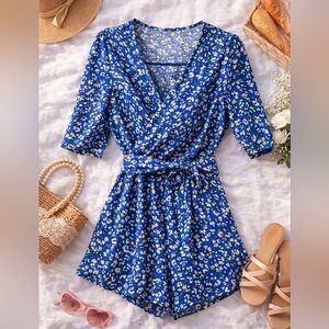 Blue Floral Wrap Romper – Tie Waist – Size M